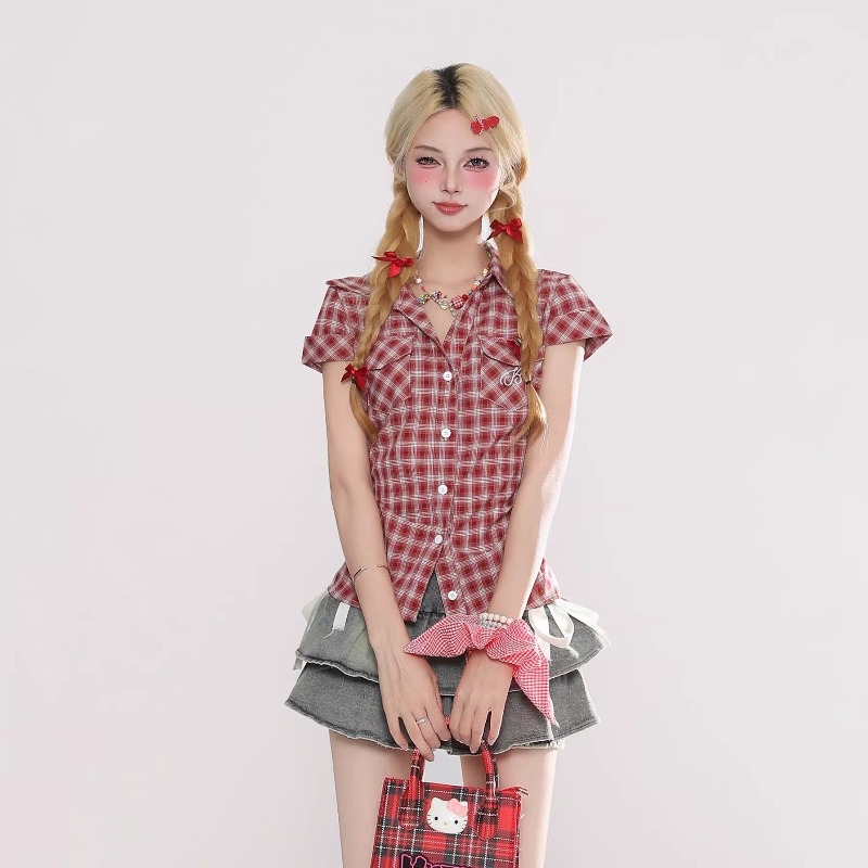 Summer Goth Clothing - Camisa a cuadros gótica vintage Harajuku