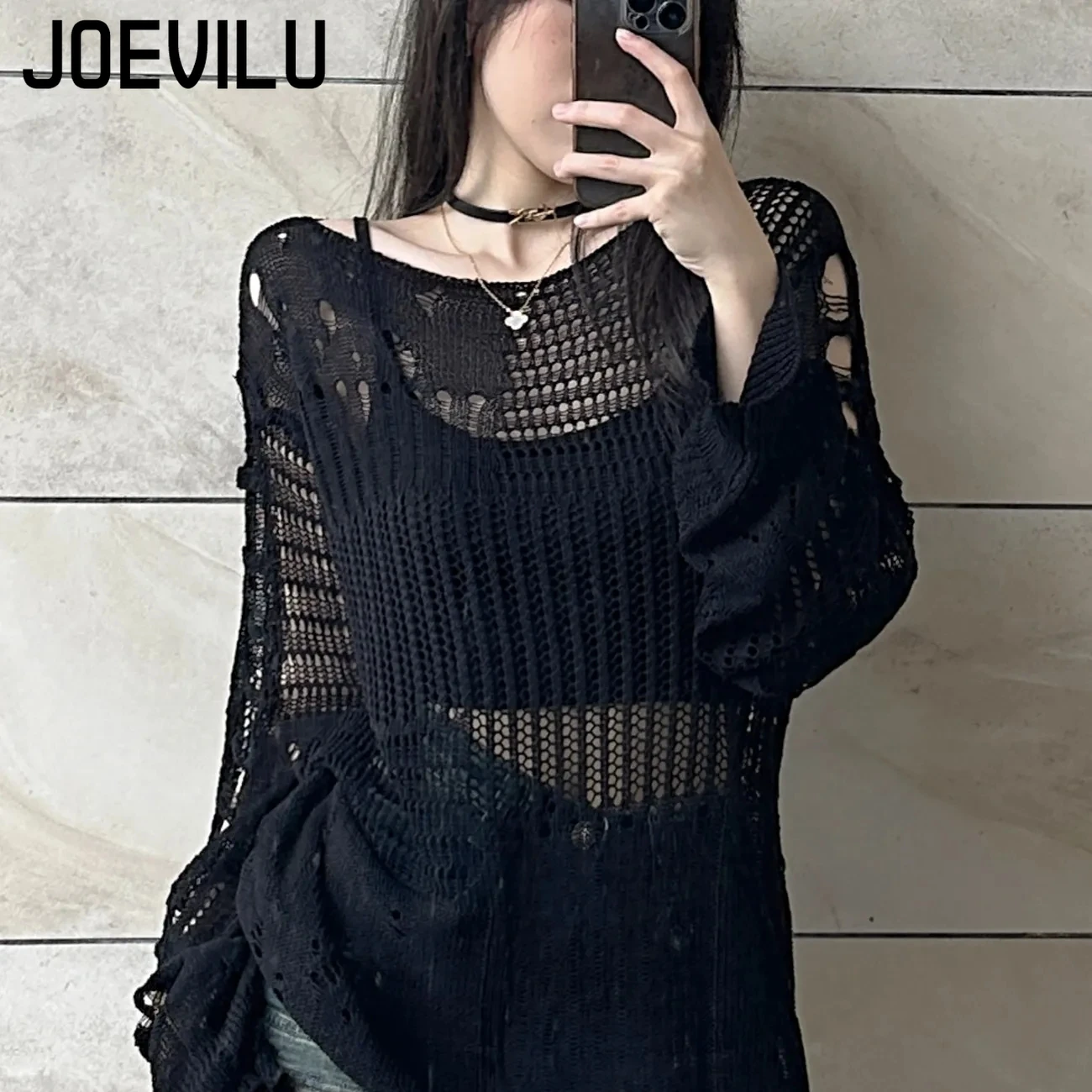 Summer Goth Clothing - JOEVILU-Blusa de punto con huecos para